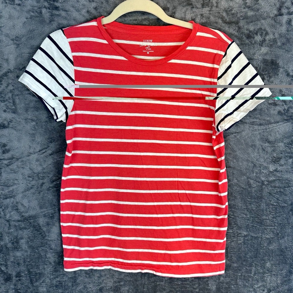 J.CREW Slub Cotton Tee women,s  M Red/White/Blue Striped Crew Neck Short Sleeve